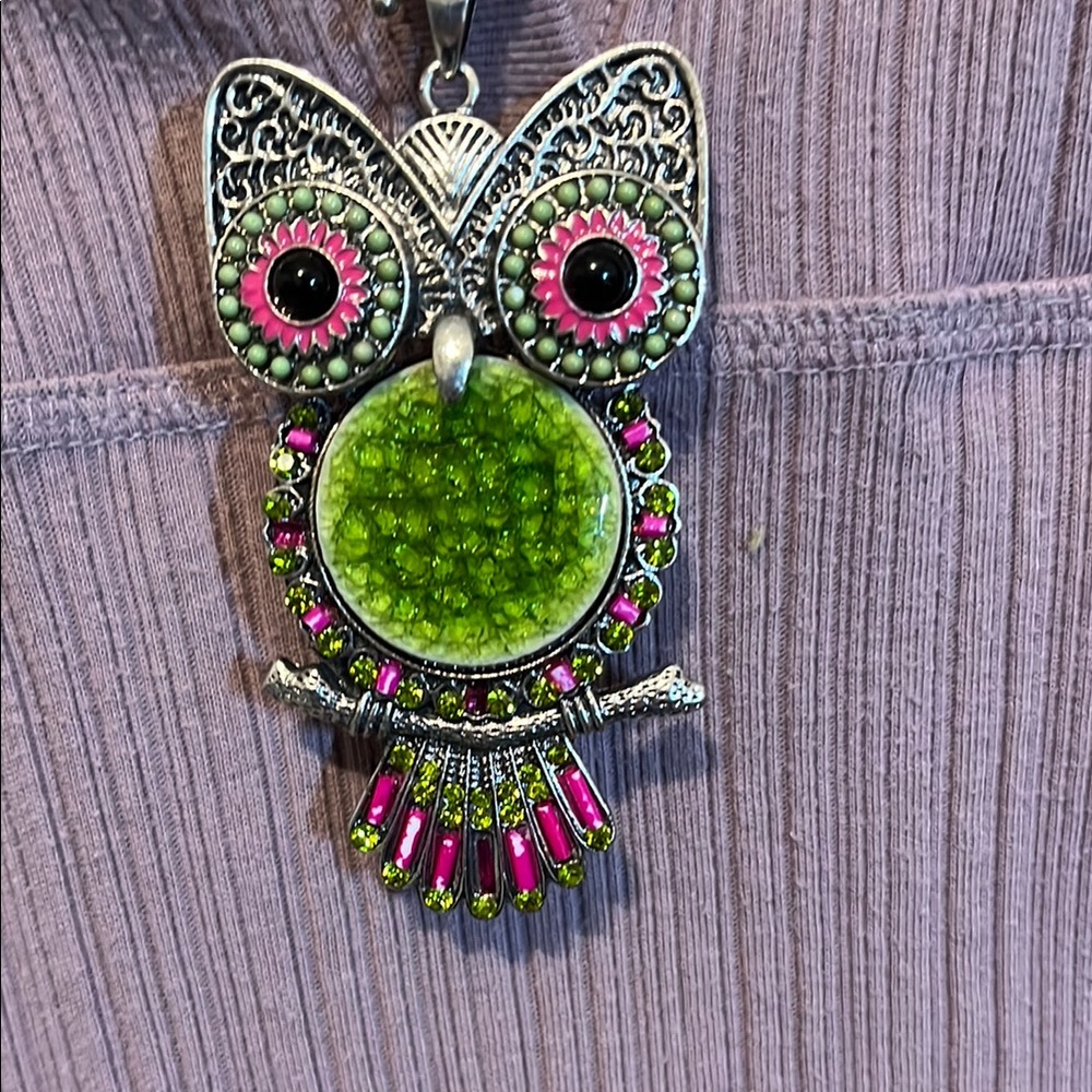 Green and Pink Owl Pendant Necklace